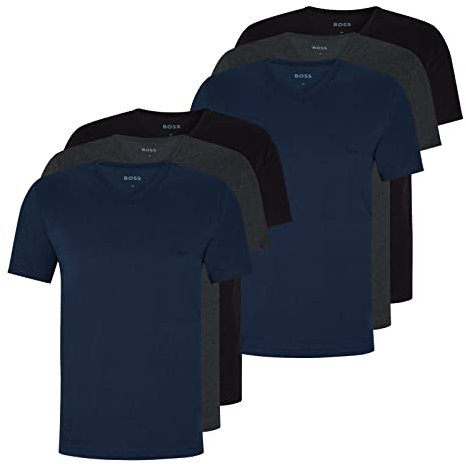 BOSS Herren Classic T-Shirts Kurzarm Shirts Pure Cotton V-Neck 6er Pack, Farbe:Mehrfarbig, Artikel:-497 Black/Anthracite/Navy, Größe:2XL