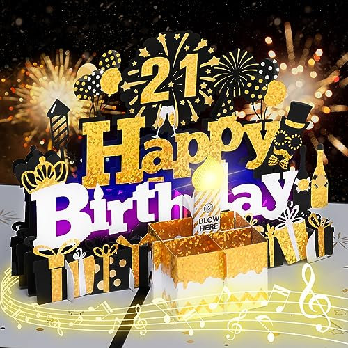 Geburtstagskarte zum 21., musikalische Geburtstagskarte mit ausblasbarer Kerze, „Happy Birthday“-Lied, Kuchen-Pop-up-Grußkarte für Frauen, Männer, Kinder, Ehemann, Ehefrau, Mama, Papa, Tochter