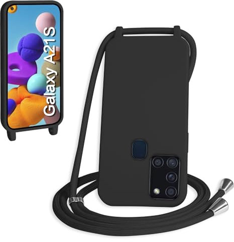 WenBaby Handykette für Samsung Galaxy A21S Hülle mit Band,Handyhülle mit Schnur zum Umhängen Silikon Seil Necklace Schutzhülle mit Kordel Tasche Case TPU Bumper für Galaxy A21S- Schwarz