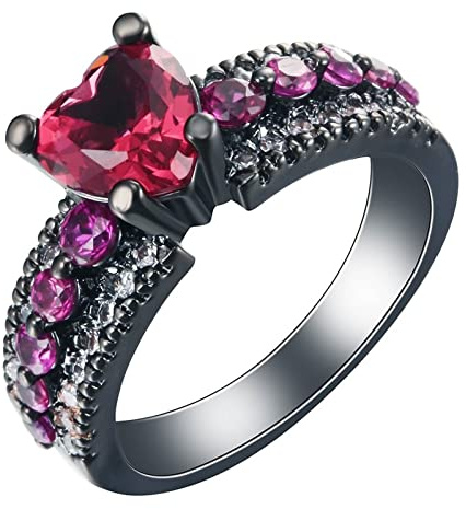 Homxi Damen Ringe Schwarz,Herzform mit Zirkonia Schwarz Rot Ring Kupfer Damen Eheringe für Damen Größe 52 (16.6)-62 (19.7)
