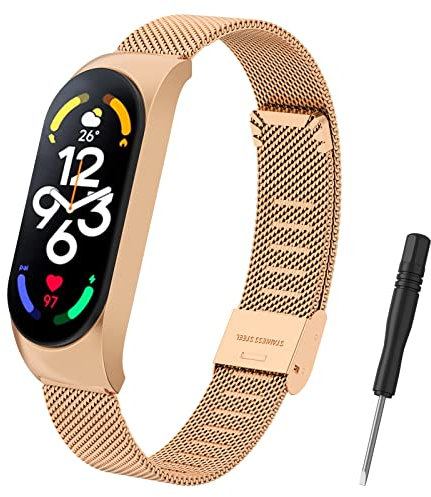 AK Armband Kompatibel mit Xiaomi Mi Band 7 Armband, Verstellbare Edelstahl Metall Ersatzarmband für Xiaomi Mi Band 7 mit Einstellwerkzeugen (Roségold)