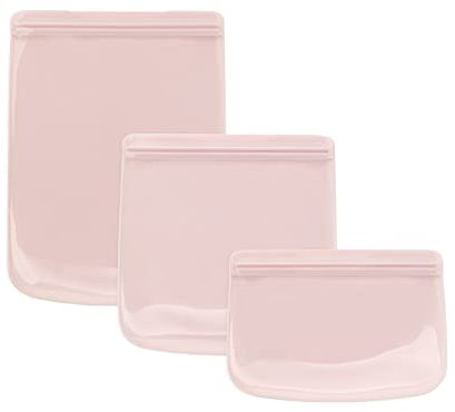 W&P Porter Silicone Reusable Storage Bags, Flat Variety 3 Pack (10oz, 34oz, 46oz), Blush, Food Storage Container, Microwave and Dishwasher Safe, Easy Cleaning