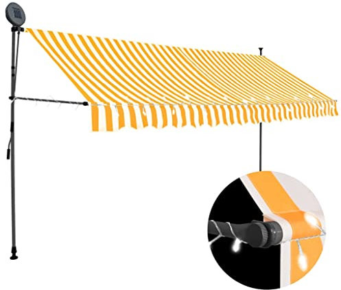 Homgoday Tenda da Sole Retrattile Manuale Tenda da Sole per Esterno Tenda da Sole Tende da Sole per Balconi Tenda da Sole a Bracci Estensibili Tende da Esterno con LED 350cm Bianco e Arancione