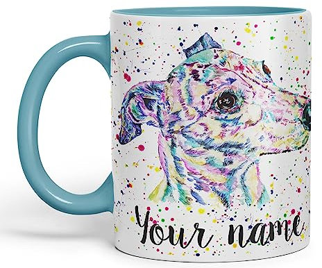 Vixar Personalised with Your Text Greyhound Racing Dog Pet Watercolour Art Coloured Ceramic Mug Cup Gift 330ml 11oz Custom Work Office Tea Coffee (Turquoise)