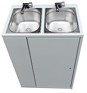 Mobiles Waschbecken Doppelfach/Doppelhahn - Waschstation UM22BPs mit Durchlauferhitzer Handwaschbecken Heißes Wasser Für Gastronomie und Kosmetik Transportierbares Gerät Frischwassertank 20L Grau