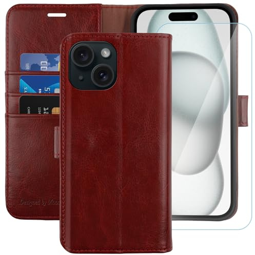 MONASAY Wallet Case for iPhone 15 with 3 Card Holders Burgundy | With a Kickstand, RFID Blocking, 6.6 feet of shock absorption, PU Leather, Strong Magnetic Closure, Fits 6.1 inch ONLY