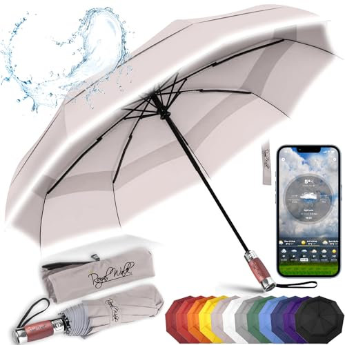Royal Walk Regenschirm Taschenschirm Sturmfest Automatik Auf und Zu Winddichter Doppelverdeck Klein Stabil Schirm Reflektierend mit Luxuriösem Echtholzgriff für Damen und Herren Umbrella (Beige)