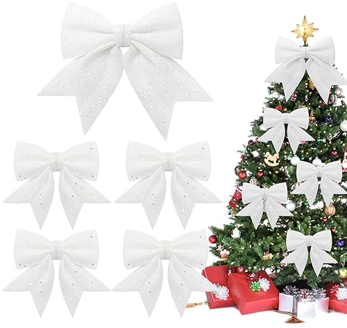 Shining She 1+4 Stück Weiß Schleifen Weihnachten Weihnachtsbaum Schleifen Glitzer Weihnachtsbaumschmuck für Familienfeiern Party Dekoration für Weihnachten Urlaub Hochzeit Feierlichkeiten （2Size）