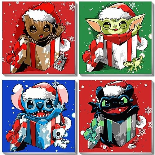 UNIQUORS Peinture de Noël par numéros enfants avec cadre 4 pièces Baby Yoda, Peinture par Numbers Groot, Kit de peinture sur toile Adultes pour Débutants, Stitch, Toile encadrée sans dent, 20x20cm