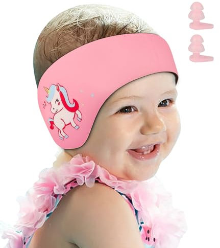 Bandeau de Piscine pour Oreilles d'Enfant, Bandeau Élastique en Néoprène avec Bouchons d'Oreille pour la Natation et Autres Sports Nautiques (Rose, L)