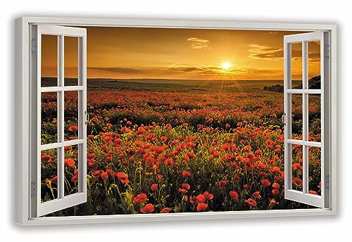 HUBDECO Leinwandbild Fensterblick Mohnblumen Bild 120x80 cm - Landschaftsbilder auf Leinwand - Wandbilder Wohnzimmer - Bild Fenster mit Ausblick - Aesthetic Room Decor - Wanddeko Schlafzimmer