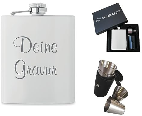 Schmalz® Flachmann-Set 7-teilig aus Edelstahl. weiss, inklusive Gravur Geschenkverpackung Stamperl Etui Schnapsbecher Einfülltrichter Lasergravur