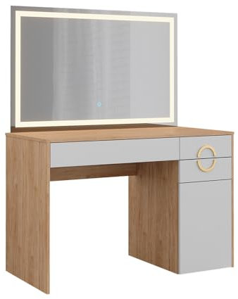 Vicco Schminktisch Adela, Weiß/Natural Rockford Hickory, mit LED-Spiegel