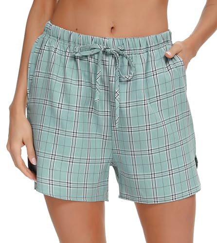 Lovasy Schlafshorts Damen Kurz Sommer Karierte Schlafanzughosen für Damen Pyjamahose mit Taschen und Kordelzug,grün,M