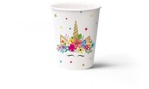 PAW - Bicchieri Carta (250 ml) I 8 Pezzi I Bicchieri Monouso Ideali per Matrimonio, Festa per Bambini, Compleanno, Celebrazioni I Stampa su Bicchieri di Carta a Base d'Acqua I Festa Unicorno