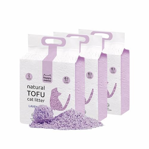 HAPPY MEOW Arena de Tofu para Gatos (18L/7,5Kg) - Natural y Biodegradable - Aglomerante Instantáneo, Bajo en Polvo, Control de Olores Duradero, Ultra Absorbente, Desechable en el Inodoro (Lavanda)