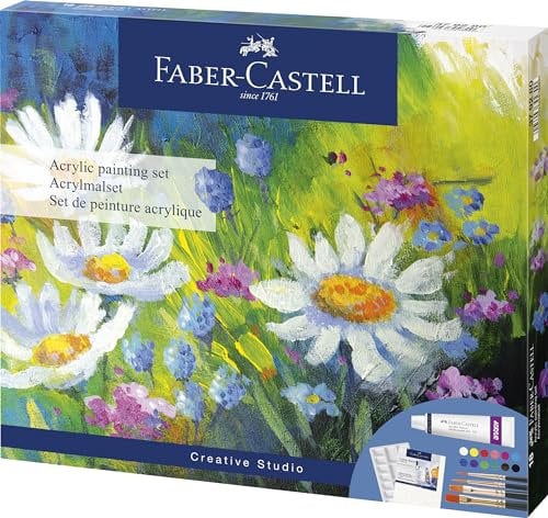 Faber-Castell 379280 - Juego de 12 Pinturas Acrílica + Lienzo de 20 x 25 cm + Paleta de Mezcla + 4 Pinceles