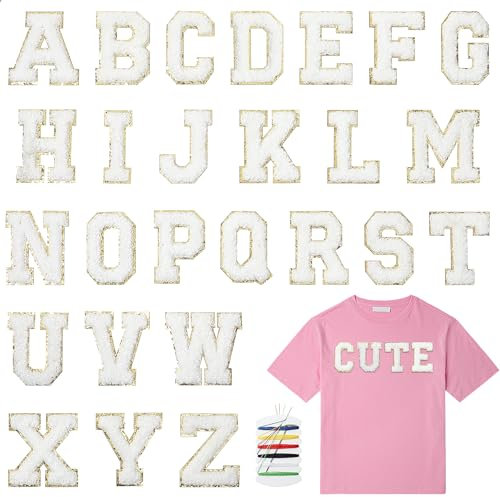 Gjinxi 26Pcs Self-Adhesive Chenille Letters Patches, A-Z White Letter Patches Stickers with Gold Glitter, Varsity Iron on Letter Patches, Stick on Embroidered Preppy Patch for Clothing Backpacks Hats