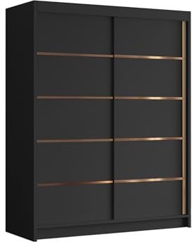 Mirjan24 Kleiderschrank mit Goldverzierung Femosa IV 150 cm Breit, Garderobenschrank, Schlafzimmerschrank mit Kleiderstange und Einlegeböden für Kleidung (Schwarz)