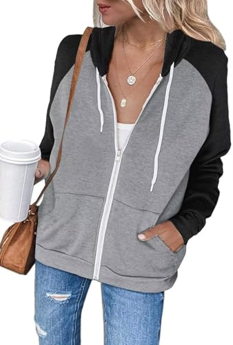 LACOZY Womens Long Sleeve Zip Up Hoodies Lightweight Color Block Sweatshirt | Zip Up Hoodies, Color Block, Oversized, Long Sleeve, Casual, Hooded Sweatshirt, Jacket with Pocket, Country Concert Outfits