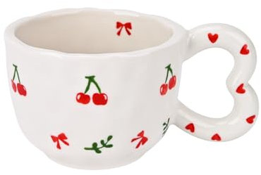 Koythin Ceramic Coffee Mug, Cute Creative Heart Handle Mug Design for Home and Office, Dishwasher and Microwave Safe, 10.5 oz/300 ml for Milk Latte Tea (Cherry Bow)