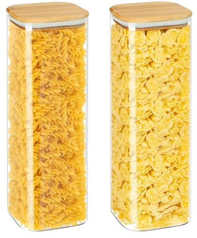 YUEYEE Lot de 2 Boîtes de Conservation en Verre Avec Couvercles en Bambou - 2200 ml - Transparent - Pour Spaghetti,Avoine,Céréales,Riz,Noix,Farine - 28 cm Hauteur