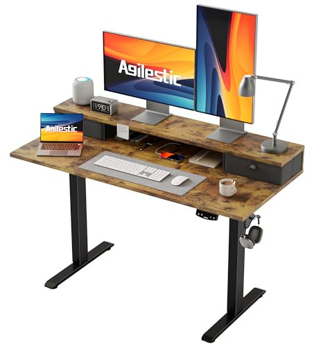 Agilestic Electric Adjustable Height Desk with 2 Drawers, 120 x 60 cm, Stable Sit-Stand Desk with Memory Control, Ergonomic Computer Desk, Brown