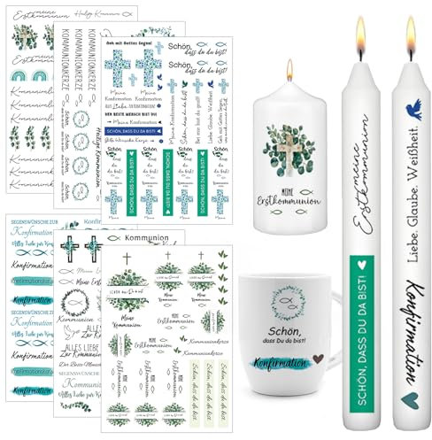 6 Blätter Kerzentattoo für Kommunion und Taufe - A5 Kerzenfolie, Kerzen Tattoo mit Heiliger Kommunion - Kerzenaufkleber