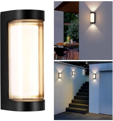 Outside Wall Lights Mains Powered, Up and Down Front Door Lights 16W, IP65 Waterproof External Lamp Porch Light Front Door Wall Sconce (Black-Round, 1 Pack)