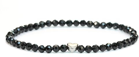 LAKADA Echtes Schwarzer Turmalin Edelstein Armband mit facettierten 4mm Perlen und Edelstahlherz Heilstein Schutzstein Edelsteinarmband Glücksbringer Talisman Geschenk (Schw. Turm., 15CM, S)