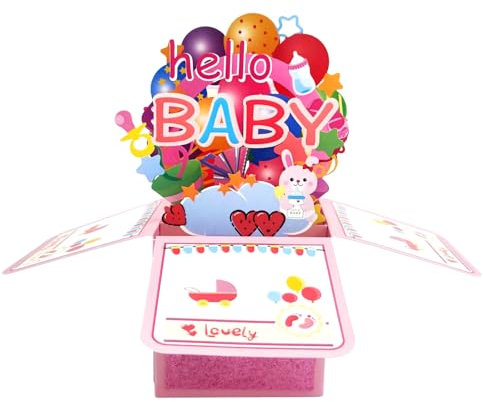 ZYOOO Hello Baby 3D Pop Up Karte Rosa,Babyparty Grußkarte zur Geburt von Mama,Oma,Schwester für Neugeborenes mit Umschlag