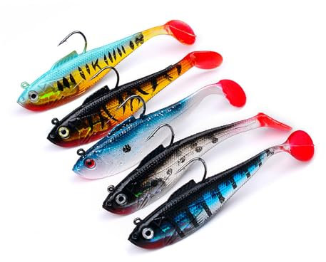 Fhioevt 5 Stück Angelköder Set Gummifisch mit Jigkopf Kunstköder Gummifische für Forelle Zander Barsch Gummiköder Paddelschwanz Angel-Jigs Kaöderfische für Süß und Salzwasser (8 cm)