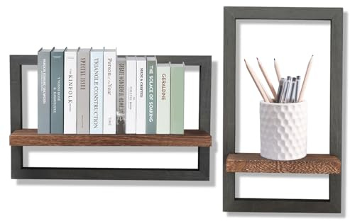 Set mit 2 Wandregalen, Schwebende Regal für die Wand Deko, Vintage Hängeregale zur Wandaufbewahrung, Quadratisches Holzdekor Bücherregal, Wandregal Holz Wanddeko Wohnzimmer für Schlafzimmer Wohnzimmer