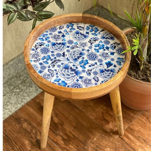 Hartsmede Mango Wood Side Table – Handmade 85% Artisan Small Coffee Table – 38cm Enamel Top – Resin-Coated – Two Heights: 18 or 24 – Lightweight & Strong – Living Room or Bedroom (Santorini, 18)