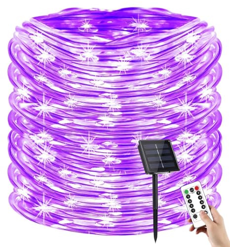 YUANYUYING Solar-Lichterkette, Solar-Lichterkette mit Fernbedienung, 50 LEDs, 23 Fuß, wasserdichte Lichterkette für den Außenbereich, 8 Modi, Solar-Gartenlichter für Hof (Lila)
