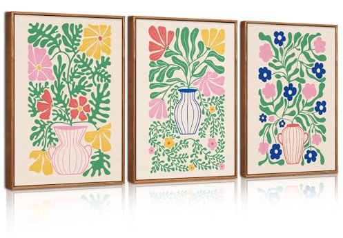 BINCUE 3 Stück Blumen Matisse Bilder mit Rahmen,Bunt Blumen Boho Leinwand Wandbilder,Abstrakt Matisse Wandkunst,Bunte Pflanzen Abstrakt Wanddeko für Wohnzimmer Schlafzimmer Badezimmer Büro(30x40cm)