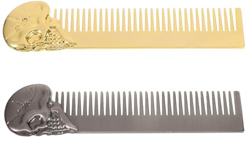 KAILIKETIY 2stücke Doppelseitiger Bartkamm aus Zinklegierung im Taschenformat für Herren Feiner Kamm zum Styling von Bart und Schnurrbart Reise-gesichtshaarkamm mit Totenkopf-motiv