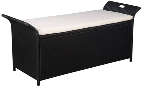 Bucmath Truhenbank mit Polster 138 cm, Poly Rattan Schwarz, wasserfest, Gartenbank mit Stauraum, für Terrasse und Balkon, wetterfest