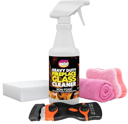 Quick 'n Brite Fireplace Glass Cleaner Kit – Heavy-Duty 16oz Cleaner with Scraper Tool, Melamine & Scrubber Sponges, Microfiber Towel – Glass, Wood Stove & Fireplace Door Cleaning - Made in the USA