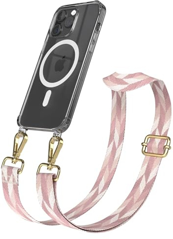 EAZY CASE Handykette - Verstellbares Taschenband kompatibel mit iPhone 15 Pro Max, Schulterriemen, Handykordel mit Silikon Hülle, Qi Charging kompatibel, Umhängetasche, Rosa Mix Gold