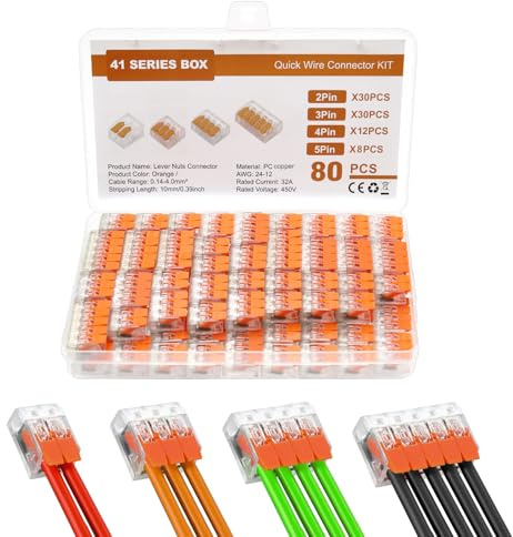 80Pcs Lever-Nut Wire Connectors, 2/3/4/5-port Compact Electrical Connectors, Cable Connectorsfor Wire 12-24 AWG, Compact Splicing Connectors for Circuit Inline, Terminals Blocks, Flame Retardant PC