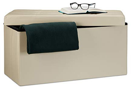 Relaxdays Faltbare Sitzbank 38 x 76 x 38 cm HxBxT, 2-Sitzer m. Stauraum, Kunstleder Sitzhocker 300 kg belastbar, Creme Sitztruhe