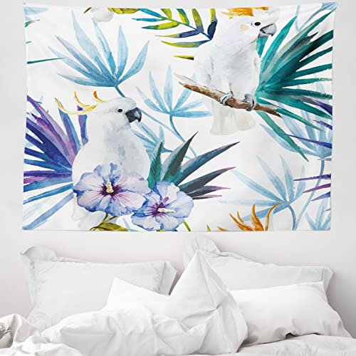 ABAKUHAUS Tropisch Wandteppich, Aquarell Parrot Palm aus Weiches Mikrofaser Stoff Waschbar ohne Verblassen Digitaldruck, 150 x 110 cm, Weiß Lila