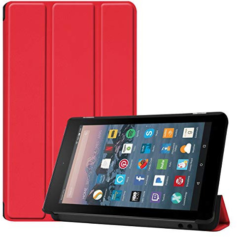 SATURCASE Case for Amazon Fire 7 2019 Released (9th Generation), PU Leather Flip Foldable Folio Stand Protective Tablet Cover with Auto Sleep/Wake Function (Red)
