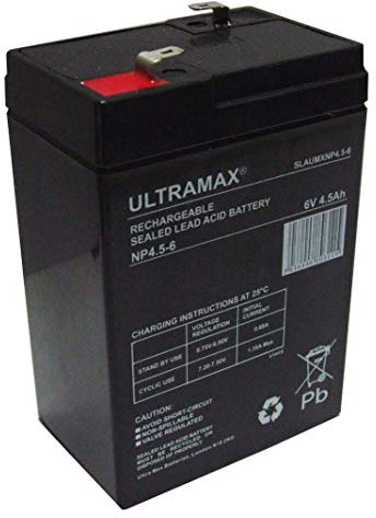 ULTRAMAX RECHARGEABLE BATTERY 6V 4.5AH FOR ELECTRIC TOY CARS, MODEL BOATS, ALARMS ECT