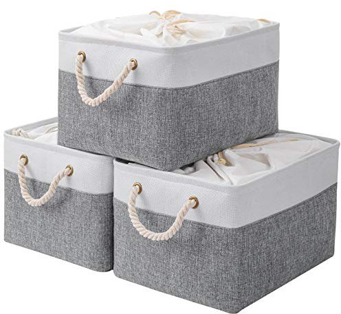 Yawinhe Storage Baskets with Handles, Box with Drawstring Cover, Collapsible Bins for Organizing Home and Office, 3 Pack, Large Size, White/Grey, SNK003WGL