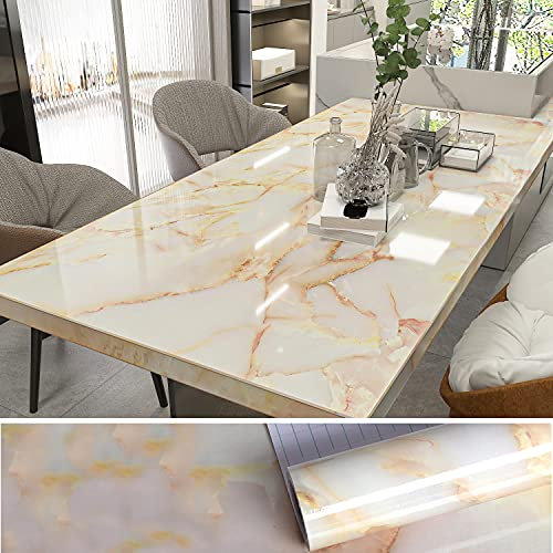 VEELIKE Papier Peint Marbre 0.4m x 18m Papier Adhésif pour Meuble Jaune et Blanc Papier Autocollant Marbre Papier Peint Cuisine Lavable Mural Rouleau Papier Vinyl Autocollant Imperméable Salle de Bain