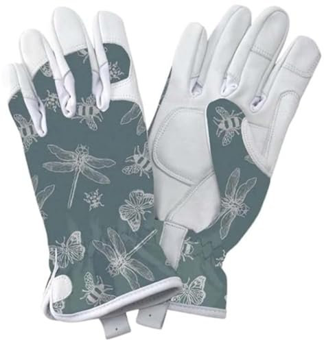 Kent & Stowe Premium Leder-Gartenhandschuhe für Damen, Blaugrün, Flutter Bugs (Größe M)