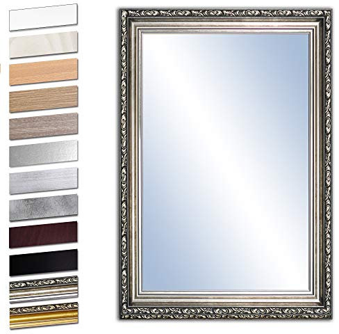 Bilderdepot24 Espejo de pared para baño, marco de madera, con cristal auténtico, plata antigua, aprox. 90 x 60 cm, SUA-6071 V-V
