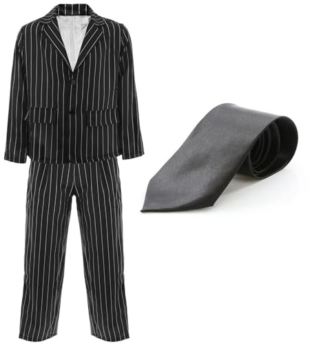 Adults Gangster Costume - Black Pinstriped Suit Jacket + Trousers + Black Tie - Mens 1920S Gangster Fancy Dress Costume